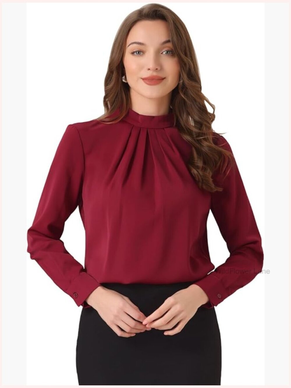 Stand Collar Long Sleeve Ruched Blouse Business Casual Office Shirt
